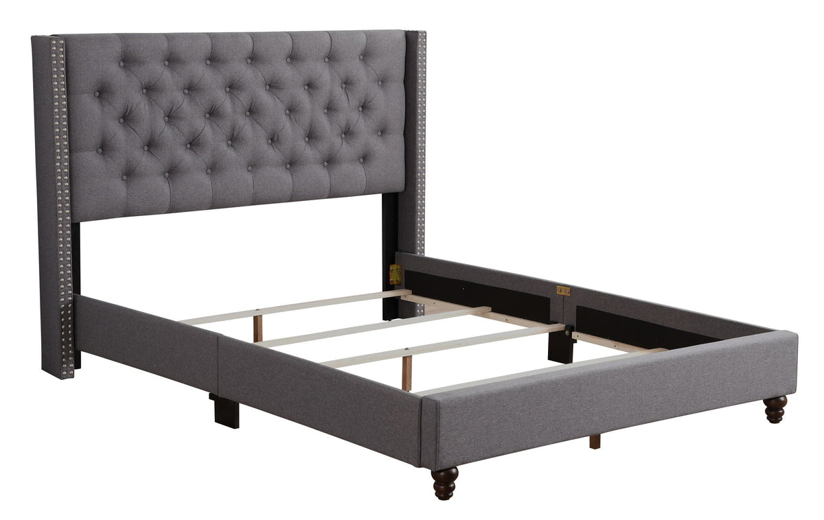 Nailhead Bed Transitional Vibrant grey upholstered bed with tufted headboard and nailhead trim on Tampa Home & Garden Store
