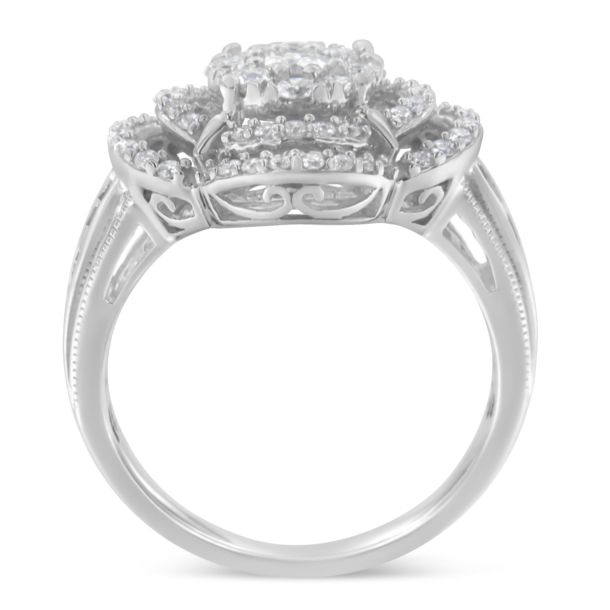 14K white gold diamond flower cluster ring with round and baguette stones, quatrefoil halo on Tampa Home & Garden Store