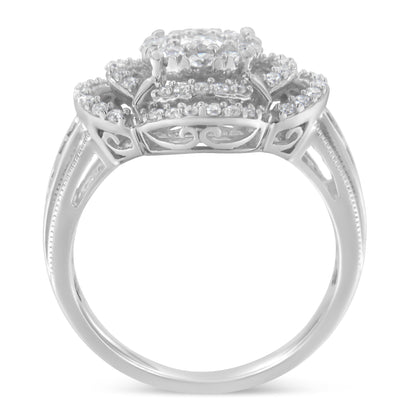 14K white gold diamond flower cluster ring with round and baguette stones, quatrefoil halo on Tampa Home & Garden Store