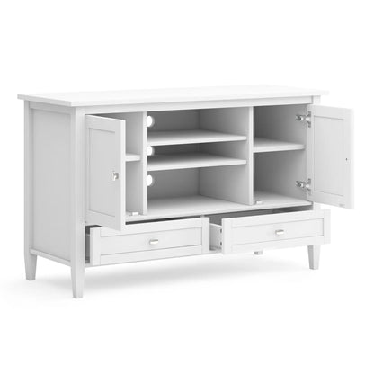 Warm Shaker TV media stand white with open shelves and two drawers by Unique Piece Furniture on Tampa Home & Garden Store