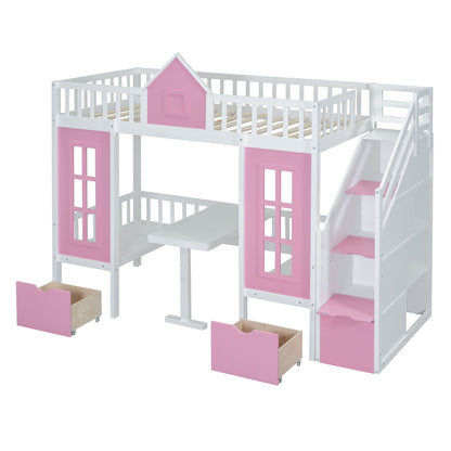 Twin over twin bunk bed white with pink house accents and changeable desk by HouseOfZazla on Tampa Home & Garden Store