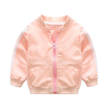 Stevvex pink cotton baby zip-up jacket with white striped sleeves on Tampa Home & Garden Store