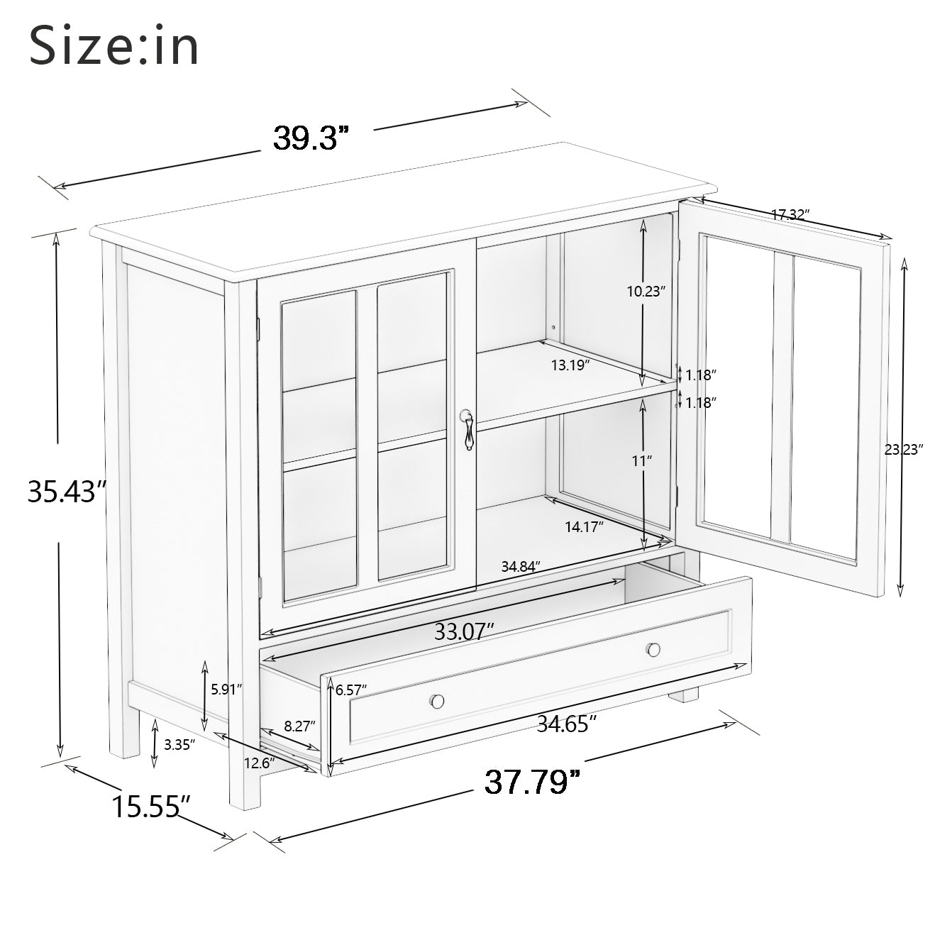 Buffet storage cabinet with double glass doors and bell handles by HouseOfZazla, bottom drawer on Tampa Home & Garden Store