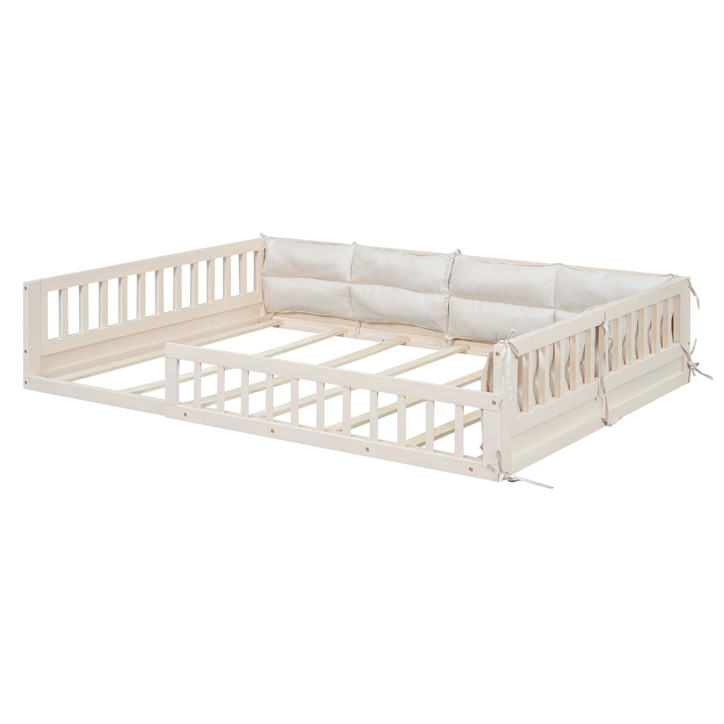 Wood full-size upholstered platform bed with guardrails and cream cushions by HouseOfZazla on Tampa Home & Garden Store