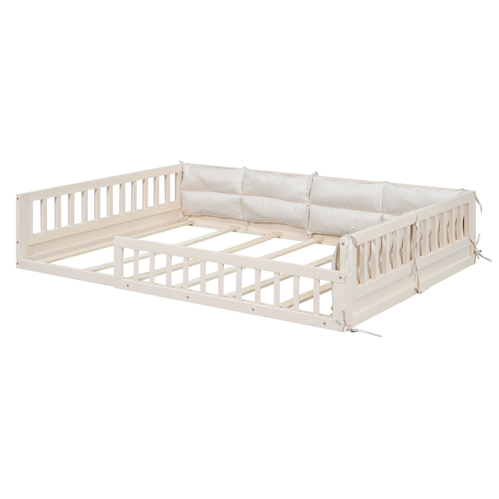Wood full-size upholstered platform bed with guardrails and cream cushions by HouseOfZazla on Tampa Home & Garden Store