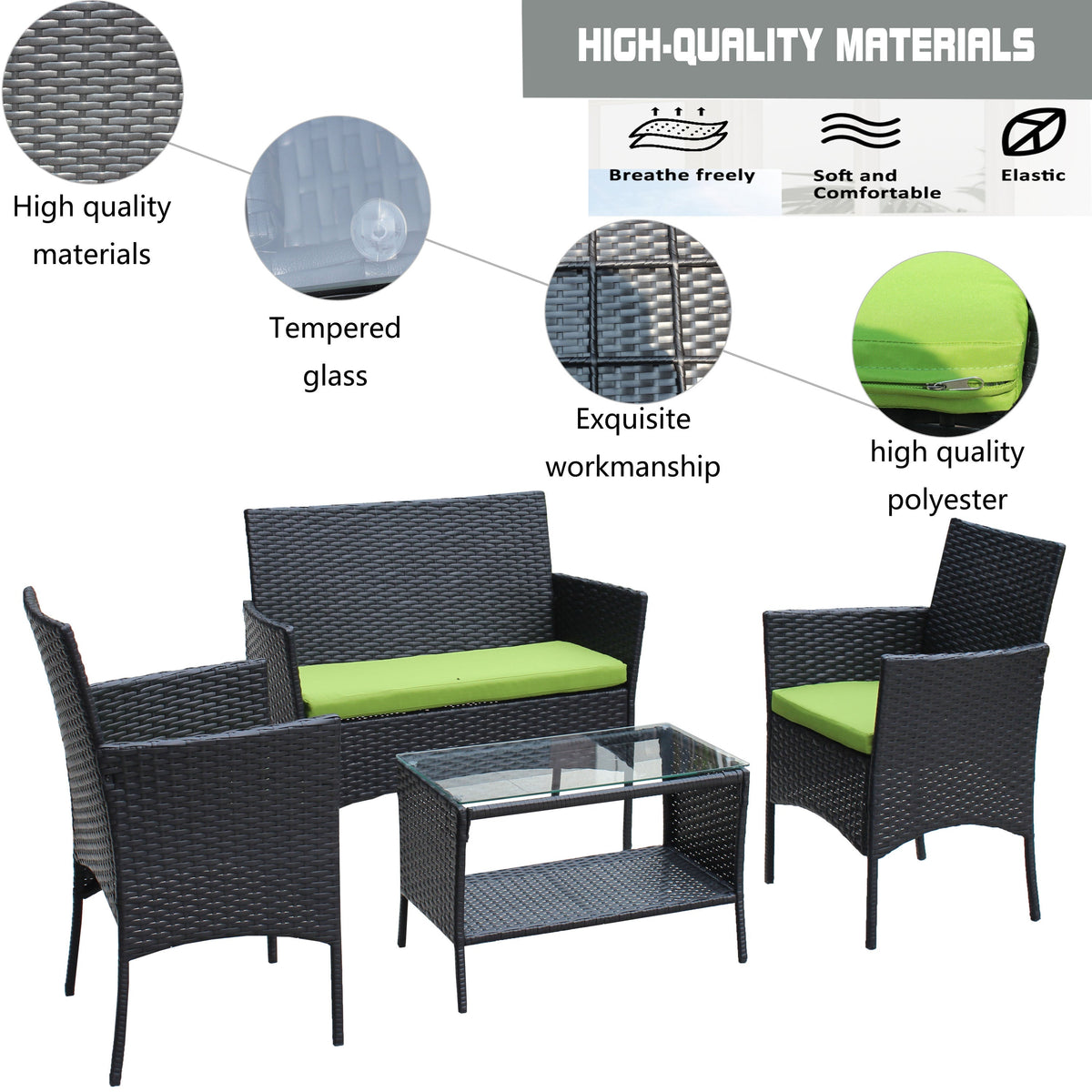 4pc rattan outdoor furniture set with green cushions in black wicker by HouseOfZazla on Tampa Home & Garden Store
