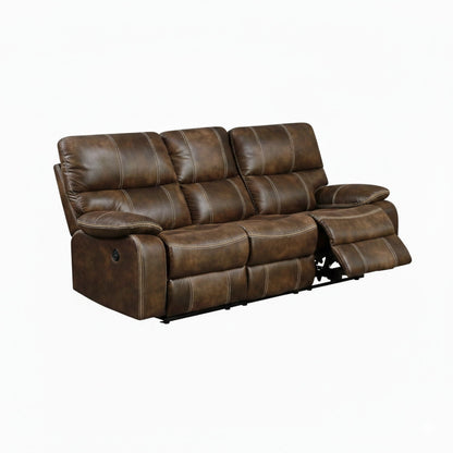 Three-seat brown leather recliner sofa with white contrast stitching and extended footrest on Tampa Home & Garden Store