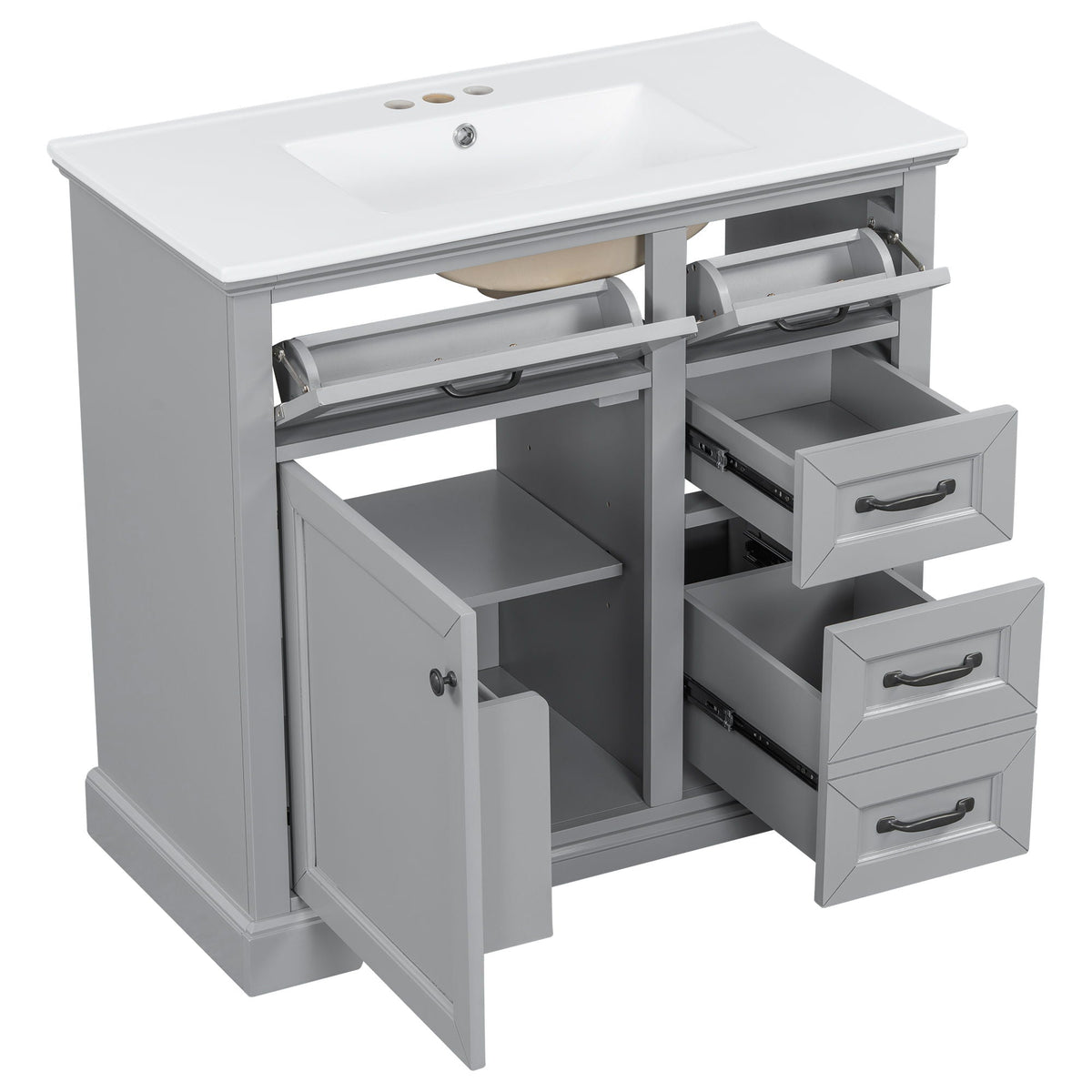 36-inch bathroom vanity with sink in gray cabinet and white top, soft-close drawers on Tampa Home & Garden Store