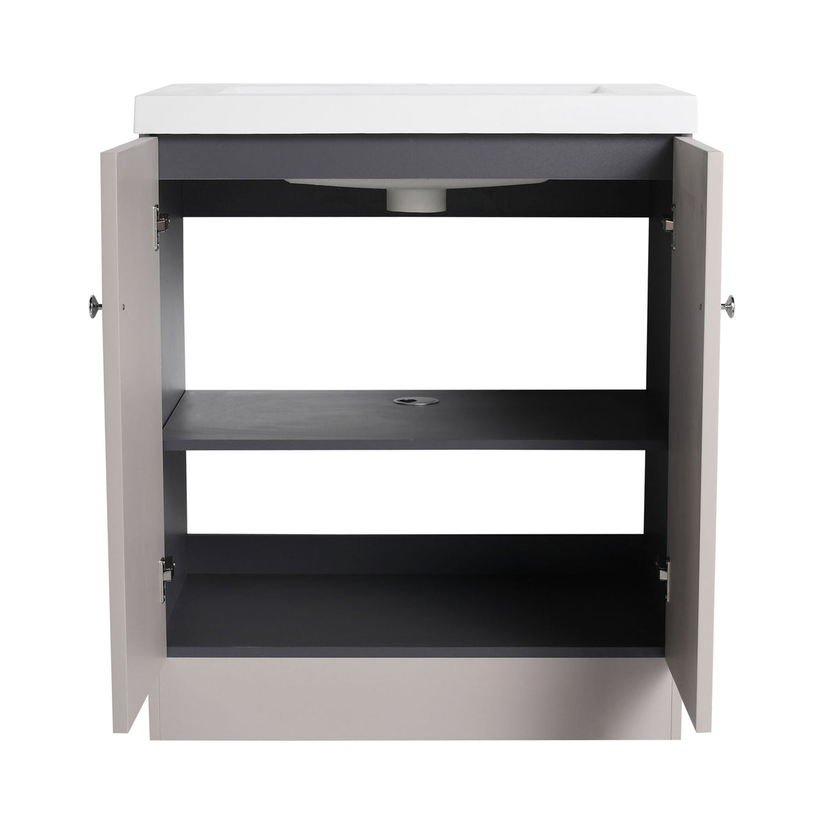 Freestanding vanity with white countertop and gray frame, open doors, interior drain hole on Tampa Home & Garden Store