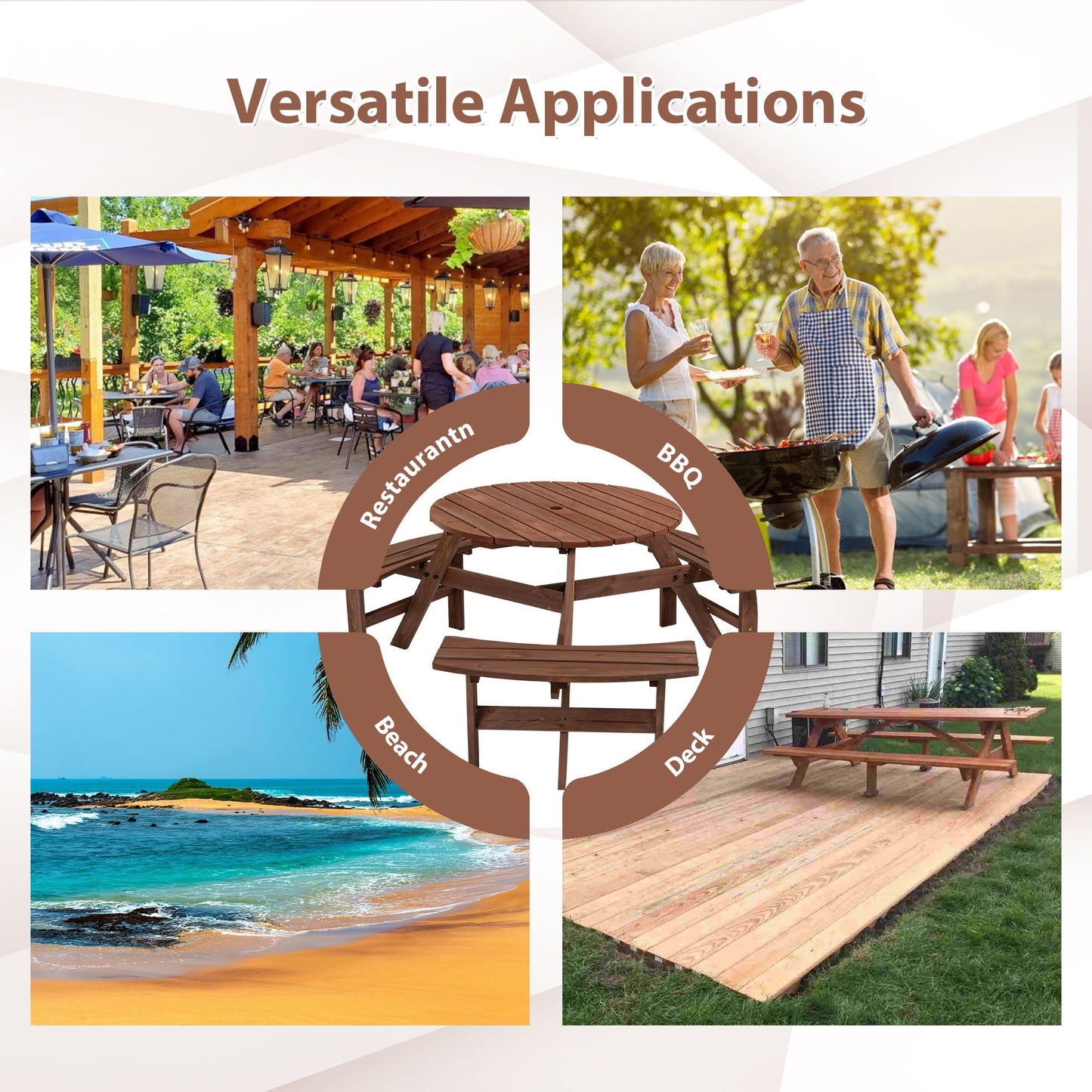 6 person circular wooden picnic table with 3 built in benches brown wood for patio HouseOfZazla on Tampa Home & Garden Store