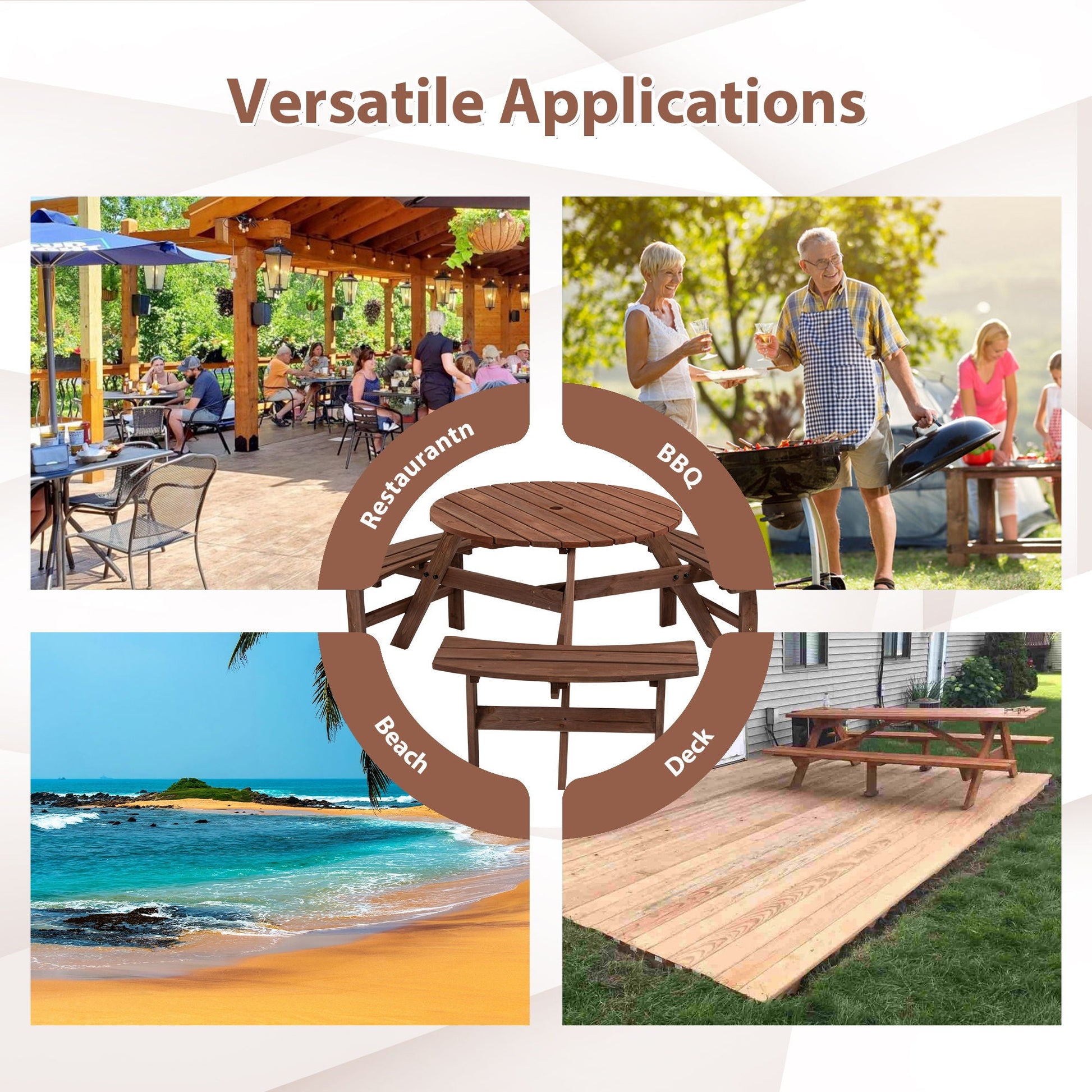 6 person circular wooden picnic table with 3 built in benches brown wood for patio HouseOfZazla on Tampa Home & Garden Store