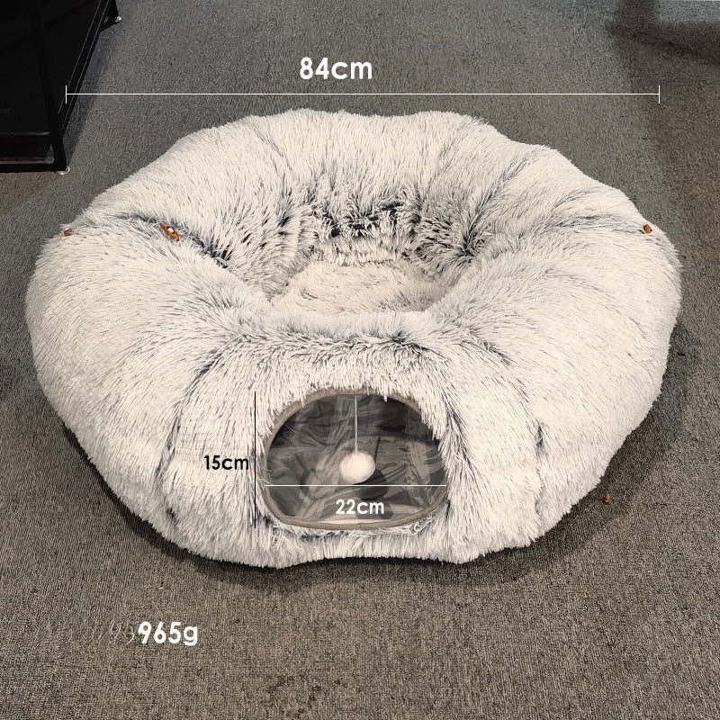 Sell My Stuff grey plush cat tunnel bed cave, round donut shape with front entrance and washable mat on Tampa Home & Garden Store