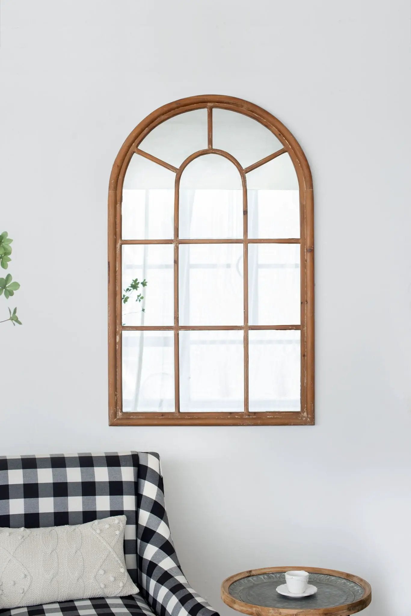Unique Piece Furniture arched mirror with brown fir wood frame and windowpane grid on Tampa Home & Garden Store