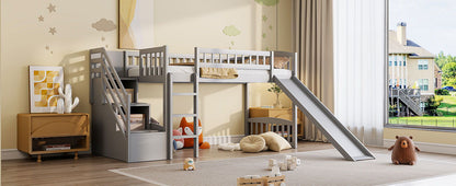 Loft Stairway Bed with 2 Drawers, gray wood, convertible ladder and slide on Tampa Home & Garden Store
