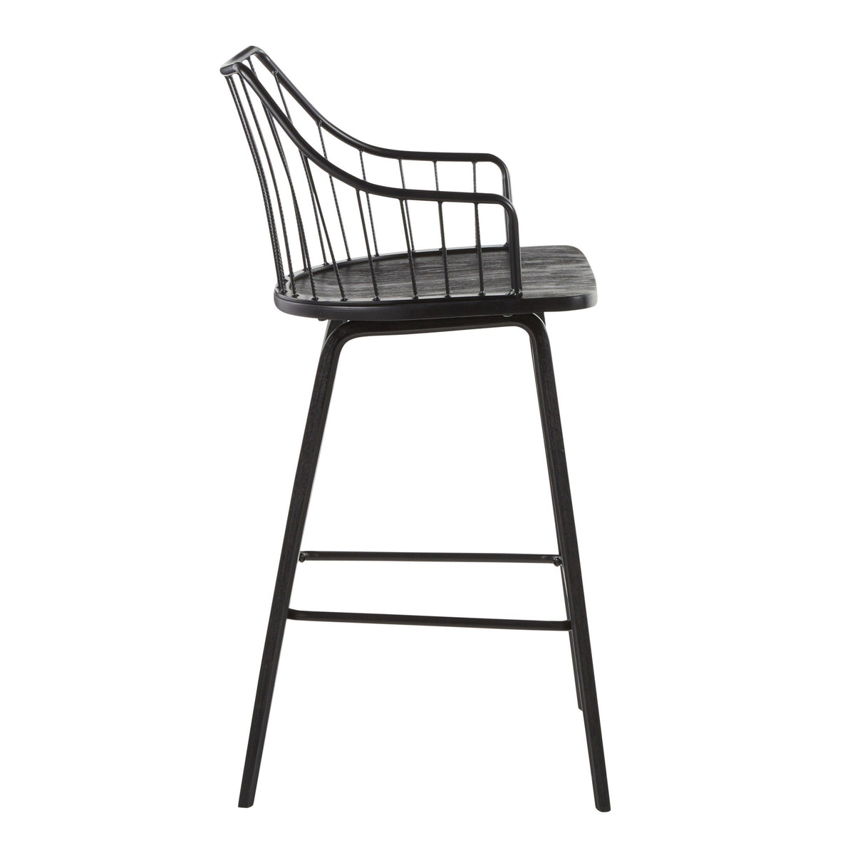 Farmhouse counter stool with metal spindle back, black frame, dark wood seat, 24–27 in tall on Tampa Home & Garden Store