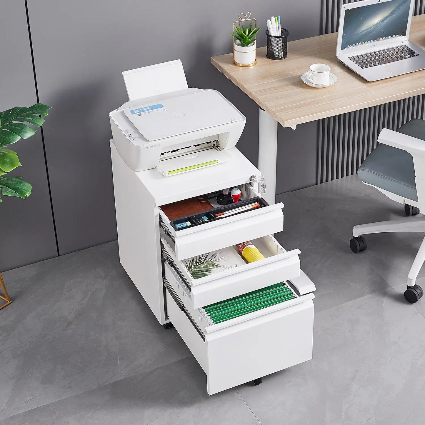Contemporary white metal 3-drawer mobile filing cabinet with lock and caster wheels on Tampa Home & Garden Store