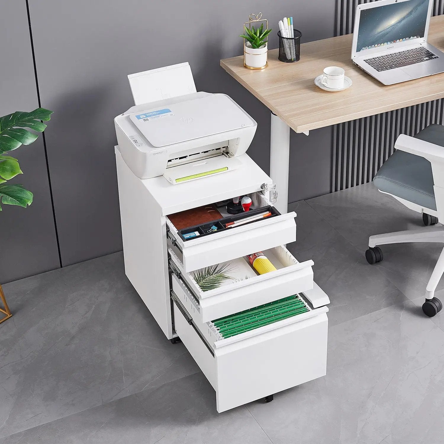 Contemporary white metal 3-drawer mobile filing cabinet with lock and caster wheels on Tampa Home & Garden Store