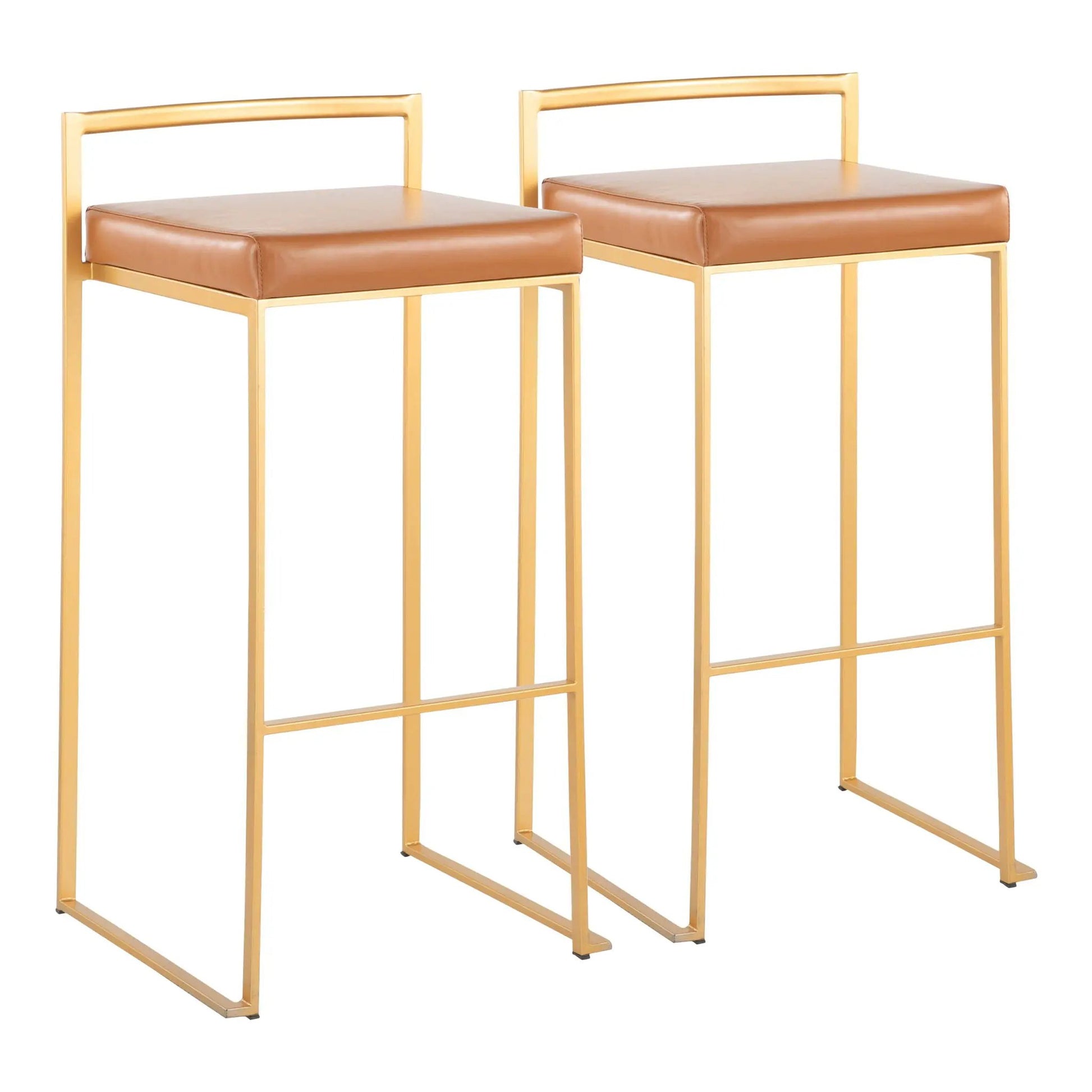 Fuji contemporary glam barstool set of 2 with tan leather cushions and gold frames on Tampa Home & Garden Store