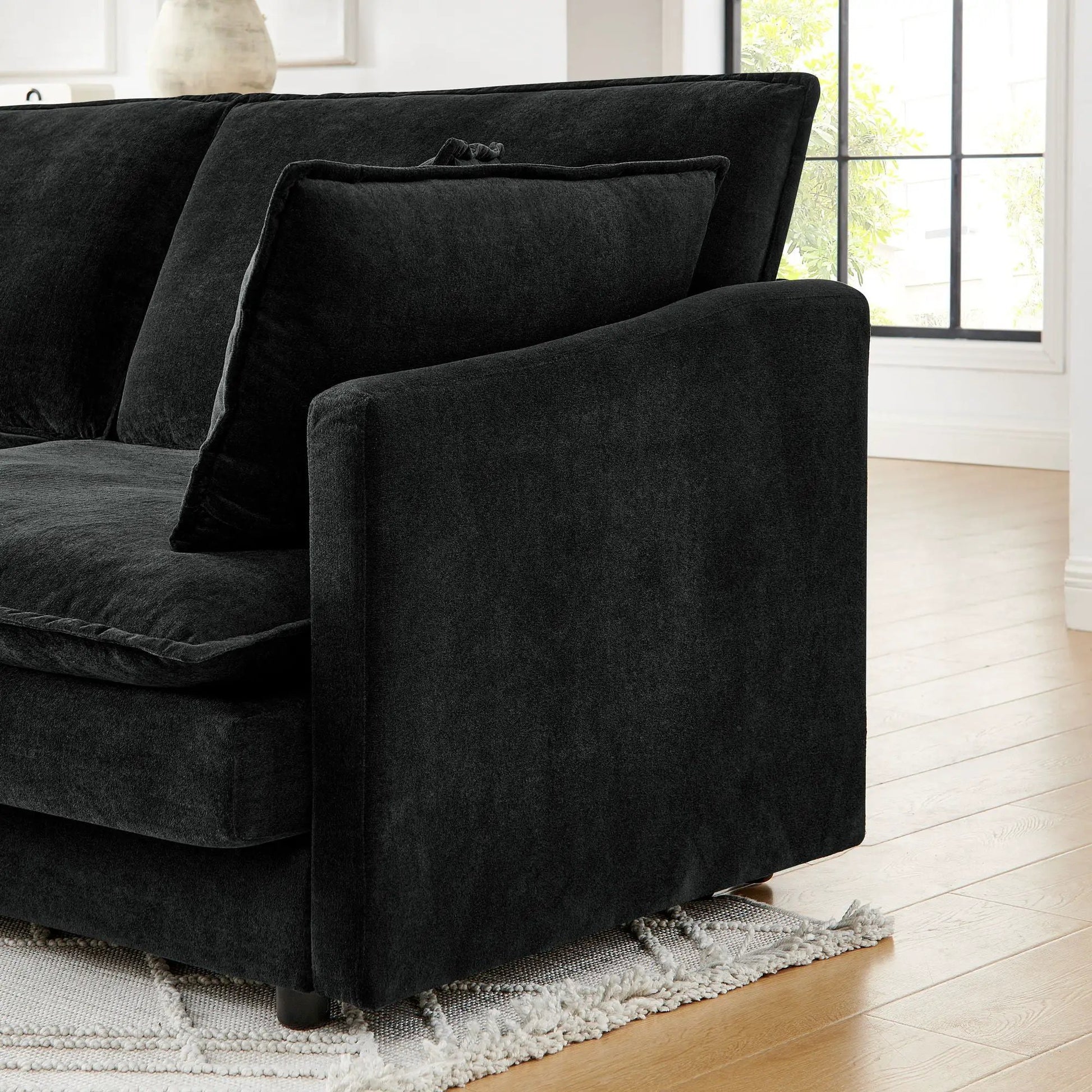 L-shaped sectional sofa with ottoman in dark charcoal fabric, 4-seater, 2-piece living room set on Tampa Home & Garden Store