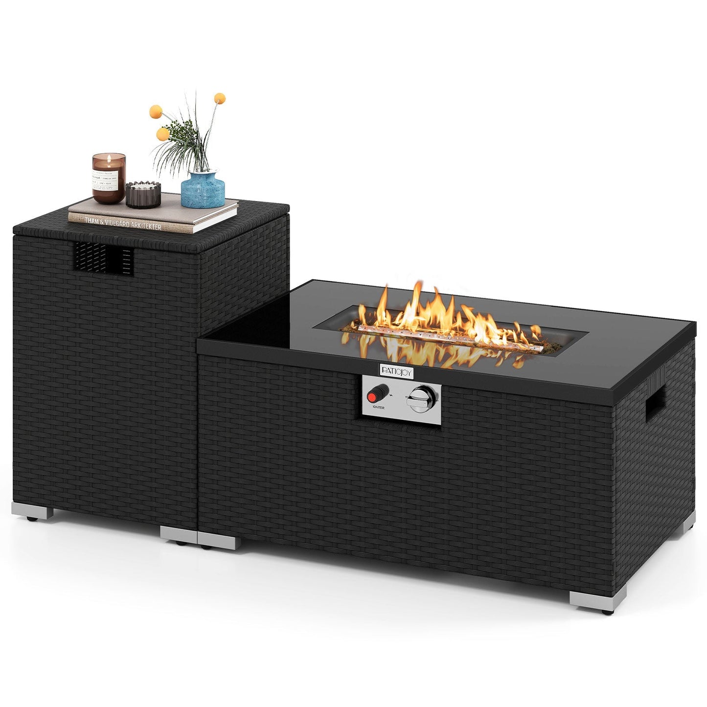PATIOJOY 2-piece outdoor rattan fire table set with 32-inch rectangle gas firepit and tank cover in black weave on Tampa Home & Garden Store