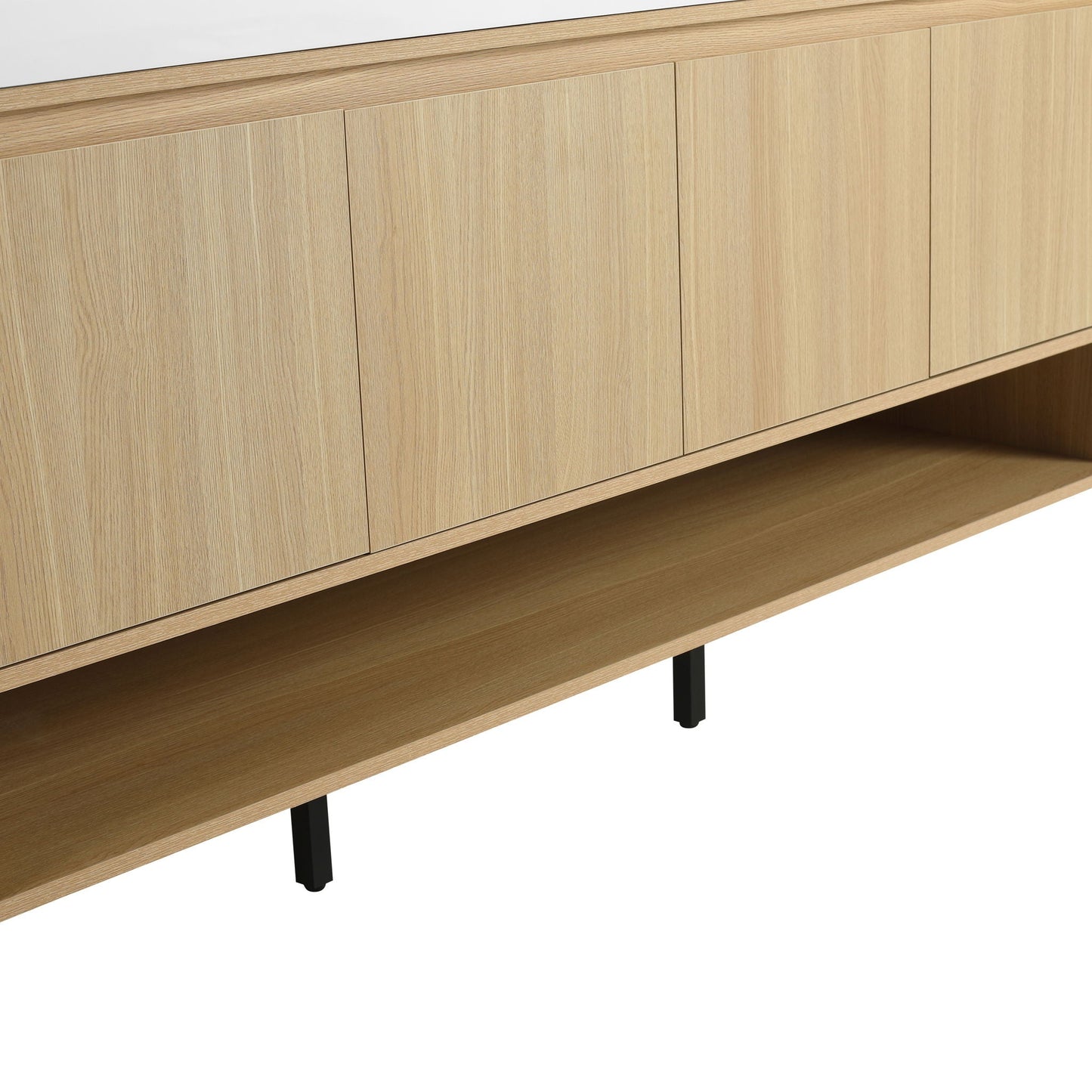 Modern bathroom vanity cabinet in light wood finish with storage doors and open lower shelf on Tampa Home & Garden Store
