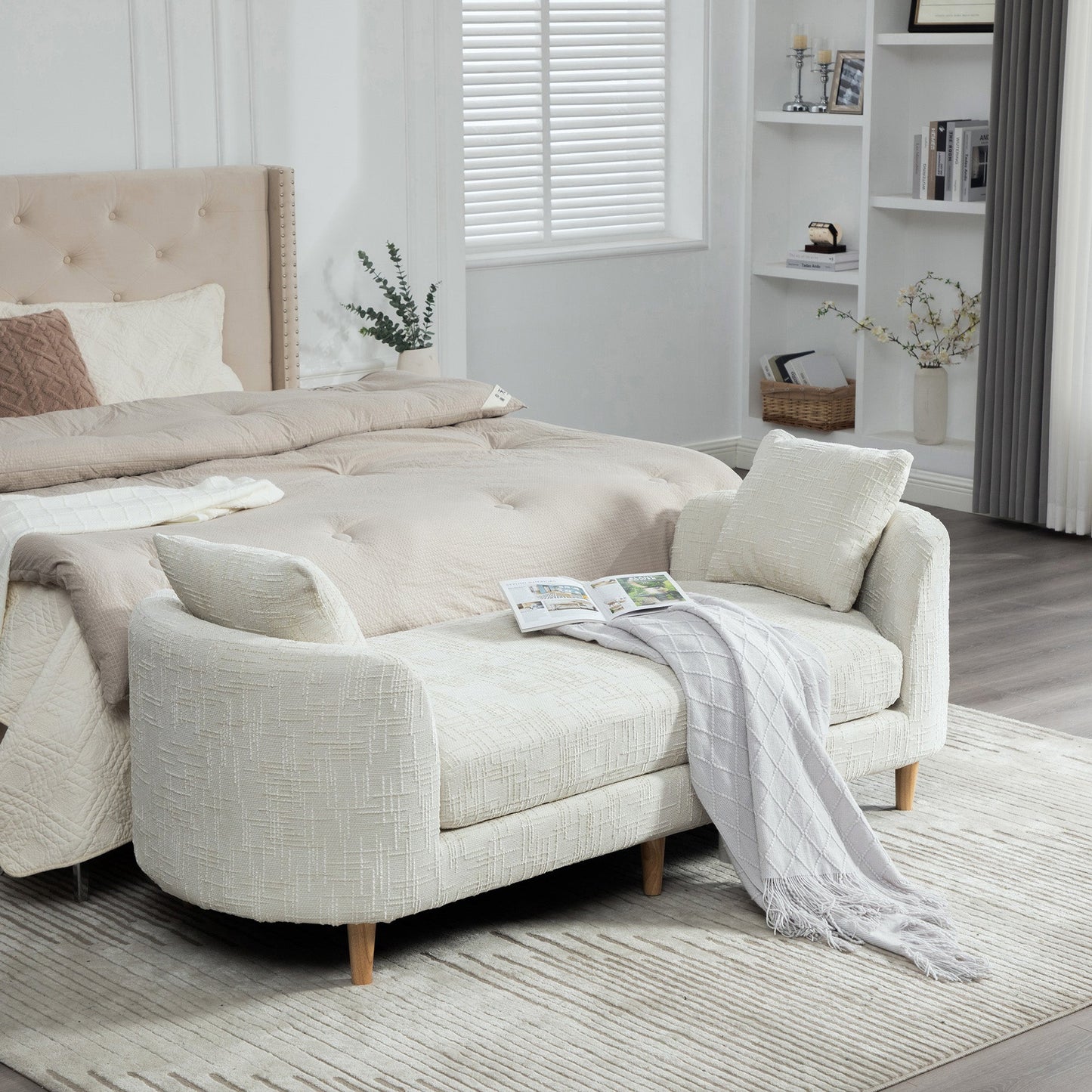 77.17in wide modern upholstered end-of-bed bench in beige tufted fabric by HouseOfZazla on Tampa Home & Garden Store
