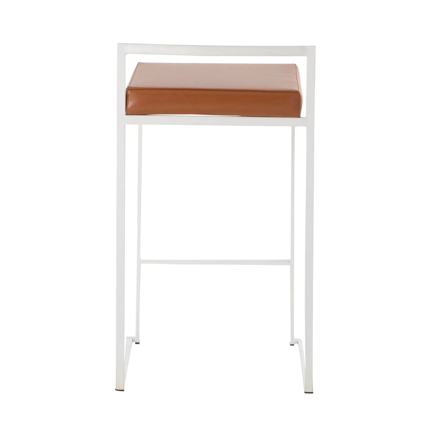 Fuji stackable counter stool, tan leather cushion, white metal frame on Tampa Home & Garden Store