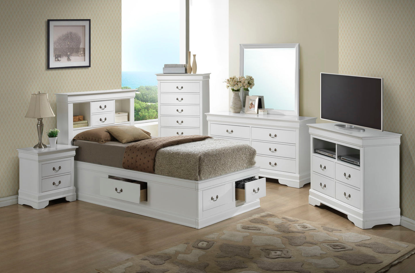 Traditional Style Bookcase Storage Bed by HouseOfZazla in white finish with built-in drawers on Tampa Home & Garden Store