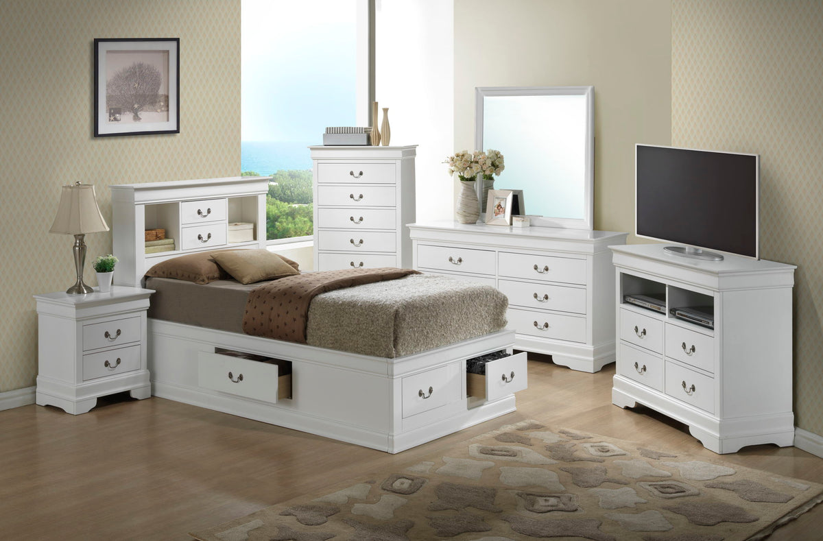 Traditional Style Bookcase Storage Bed by HouseOfZazla in white finish with built-in drawers on Tampa Home & Garden Store