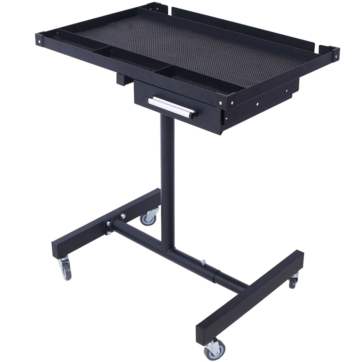 Adjustable tear-down work table with drawer and white handle, black metal top on wheeled stand on Tampa Home & Garden Store