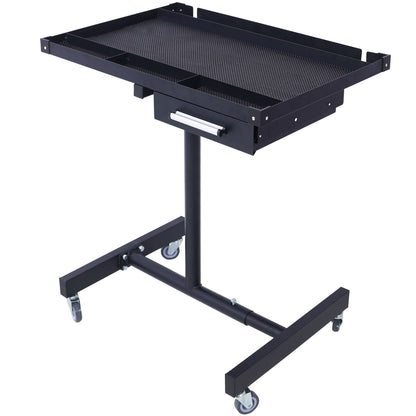 Adjustable tear-down work table with drawer and white handle, black metal top on wheeled stand on Tampa Home & Garden Store