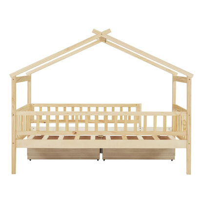 House bed frame with roof and two under-bed drawers in natural pine Unique Piece Furniture on Tampa Home & Garden Store