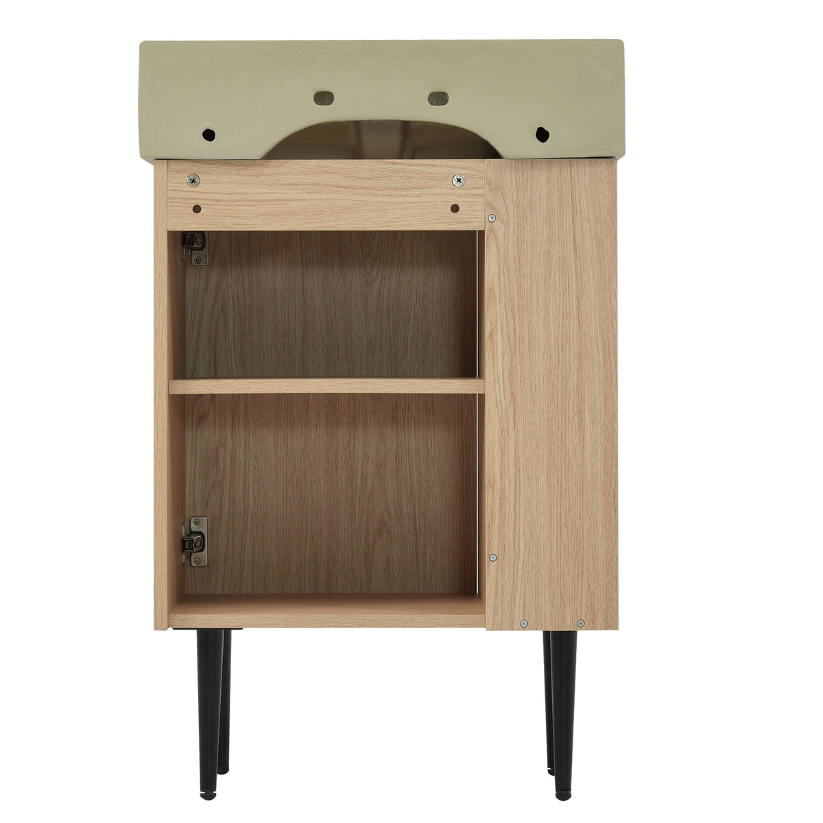 Bathroom vanity with ceramic sink and side storage, light oak cabinet, beige countertop on Tampa Home & Garden Store