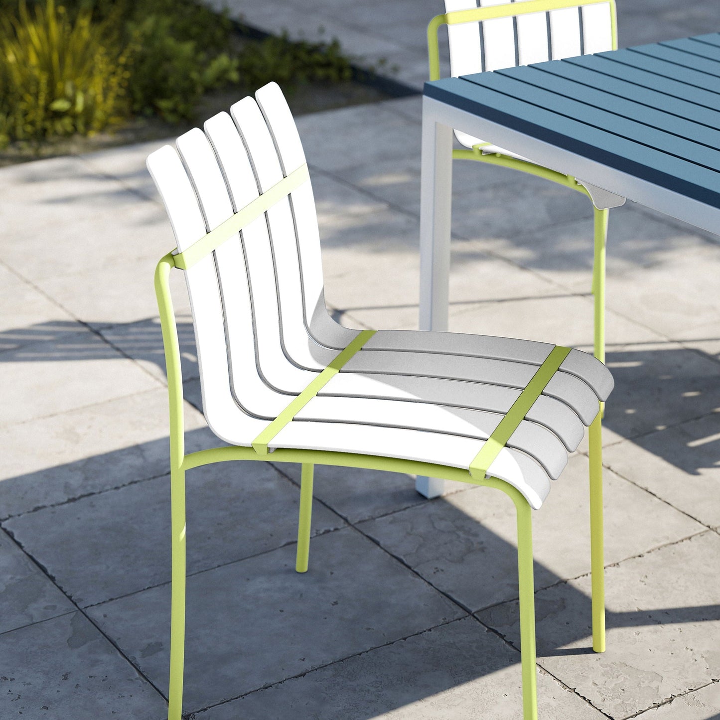 4-piece set of modern color block chairs with white slats and lime green frames on Tampa Home & Garden Store