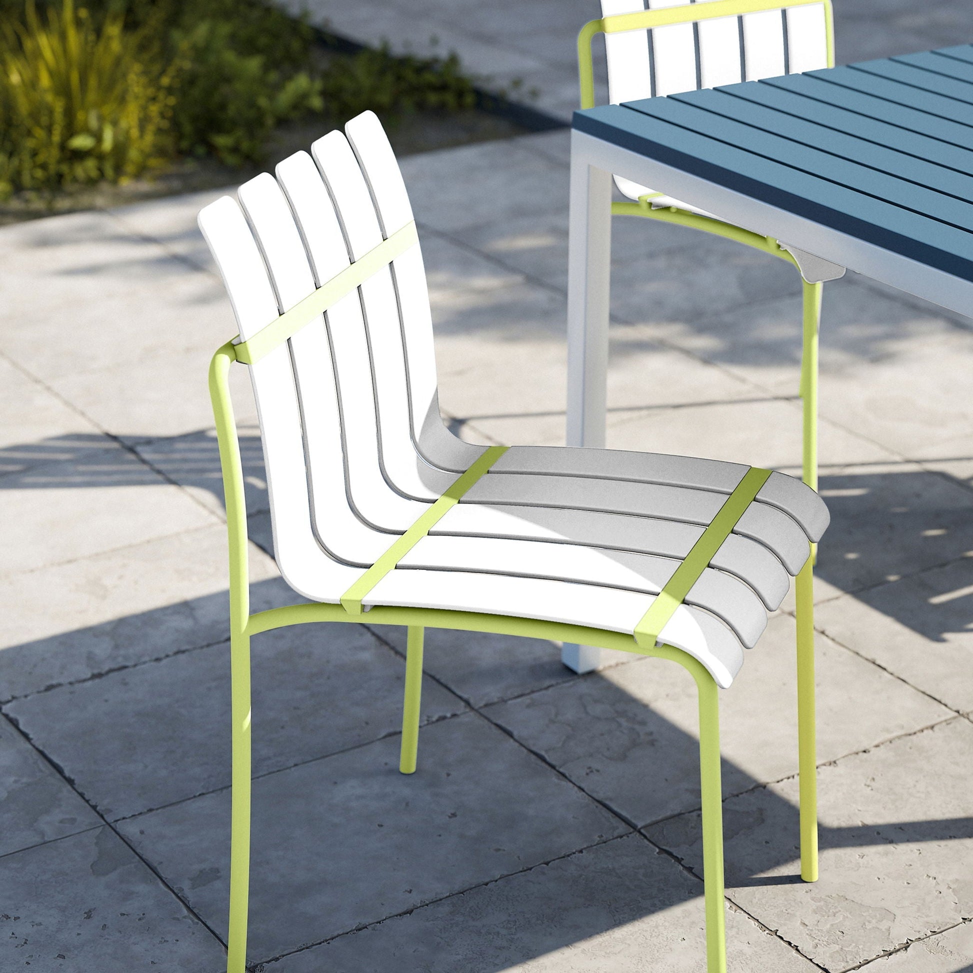 4-piece set of modern color block chairs with white slats and lime green frames on Tampa Home & Garden Store