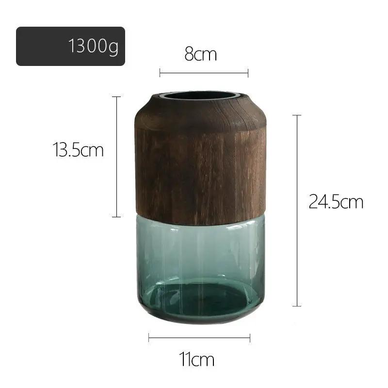 Log Solid Wood Transparent Glass Vase FLIPSTYLEZLLC; wood top, teal glass base, 24.5 cm tall on Tampa Home & Garden Store