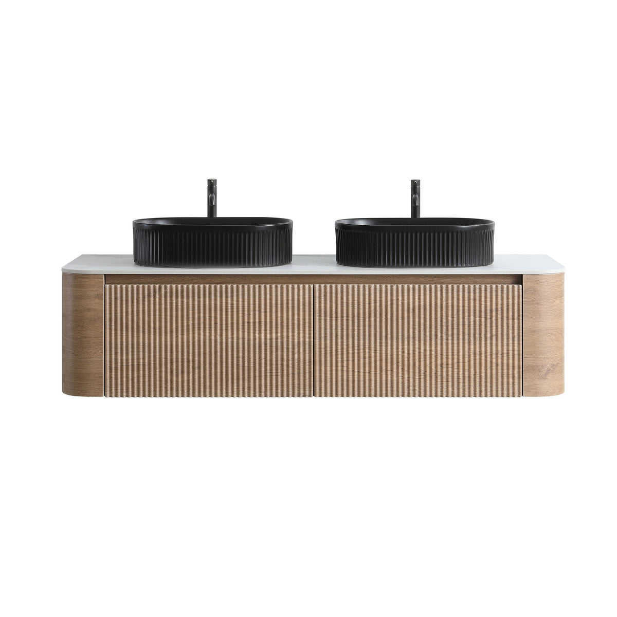 Erba 60in honey oak bathroom vanity by HouseOfZazla with 2 black ribbed vessel sinks on Tampa Home & Garden Store