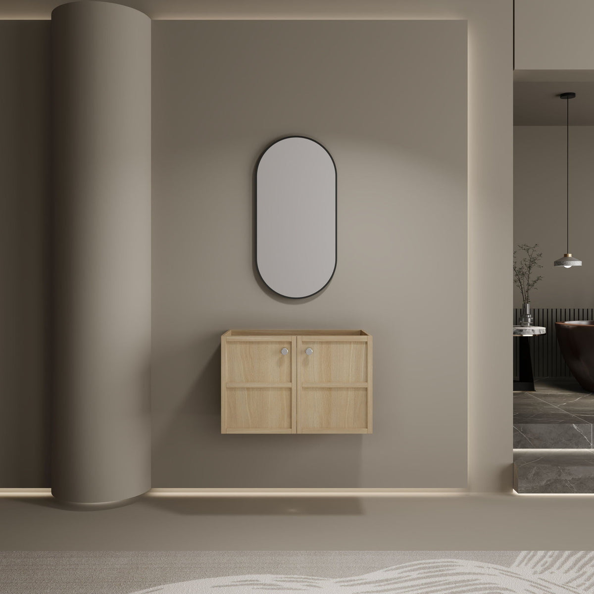 Wall-mounted vanity in light brown wood with soft-closing doors and rounded mirror on Tampa Home & Garden Store