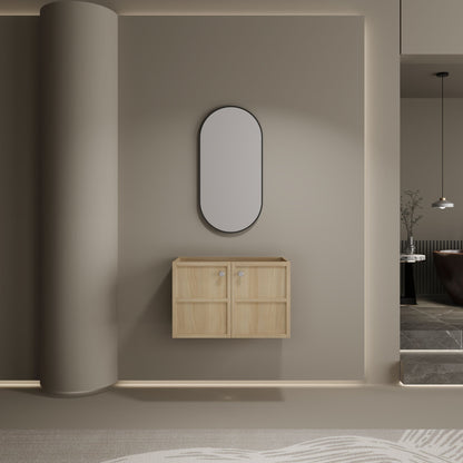 Wall-mounted vanity in light brown wood with soft-closing doors and rounded mirror on Tampa Home & Garden Store