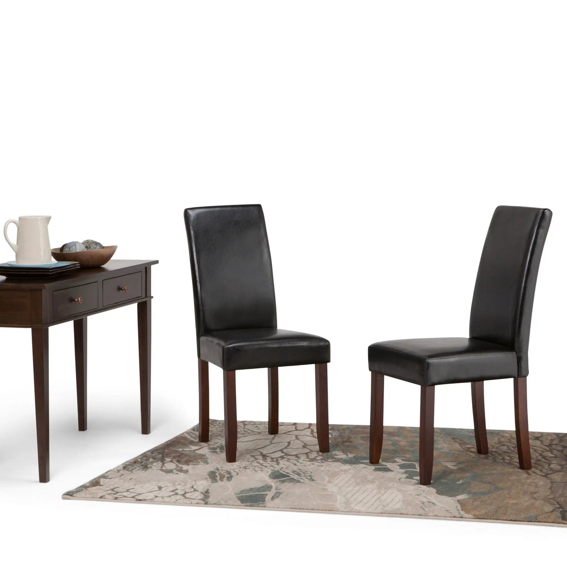 Acadian upholstered Parson dining chair set of 2; black leather with dark wood legs on Tampa Home & Garden Store