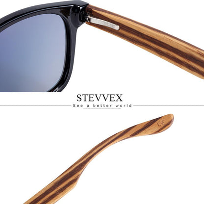 Stevvex luxury zebra wood sunglasses with blue mirror lenses and wooden arms on Tampa Home & Garden Store
