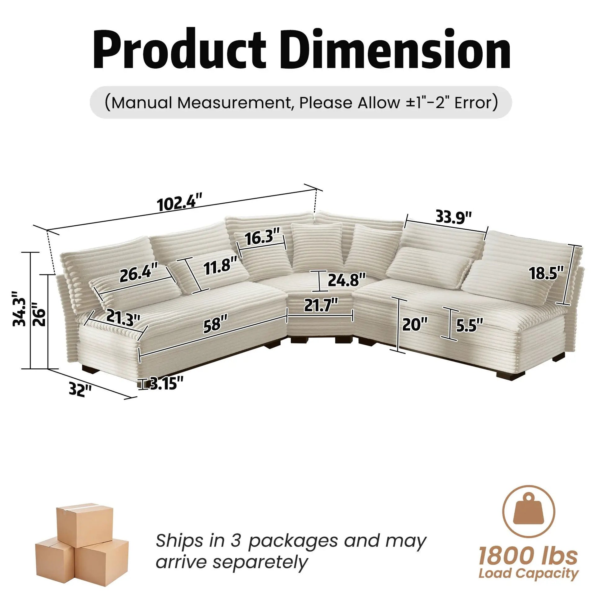 5 seater L-shaped sectional sofa curved corner beige fabric 7 pillows stationary on Tampa Home & Garden Store