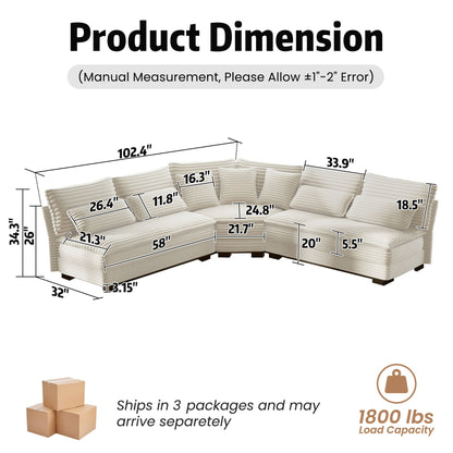 5 Seater L-Shaped Sectional Sofa curved corner beige corduroy 7 pillows HouseOfZazla on Tampa Home & Garden Store