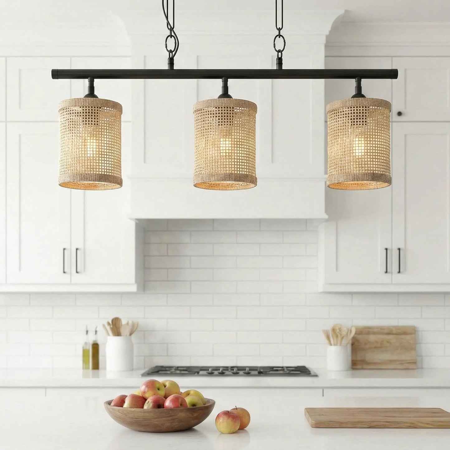 Elysian 3-light island ceiling lamp with black bar and natural rattan shades on Tampa Home & Garden Store