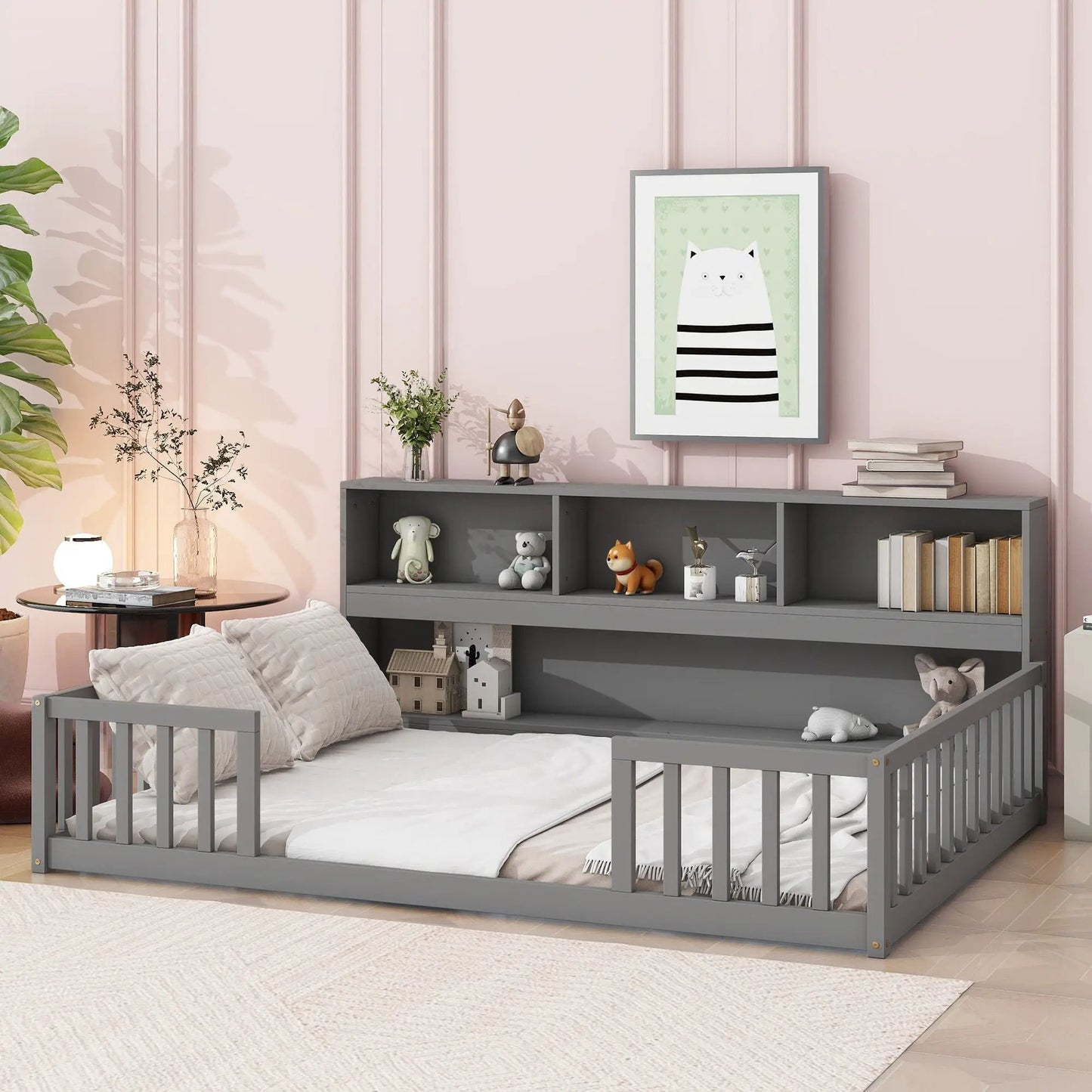 Floor Bed With Side Bookcase and Guard Rails