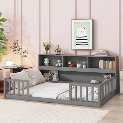 Floor Bed With Side Bookcase and Guard Rails