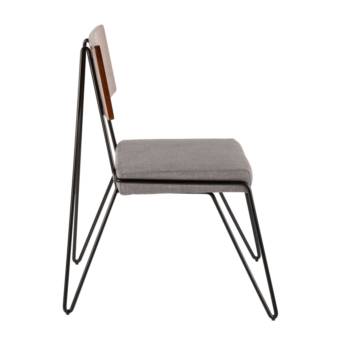 Pair of mid-century modern chairs with black hairpin legs, walnut back and gray fabric seats on Tampa Home & Garden Store