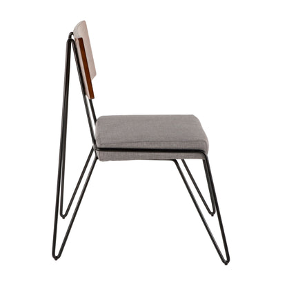 Pair of mid-century modern chairs with black hairpin legs, walnut back and gray fabric seats on Tampa Home & Garden Store