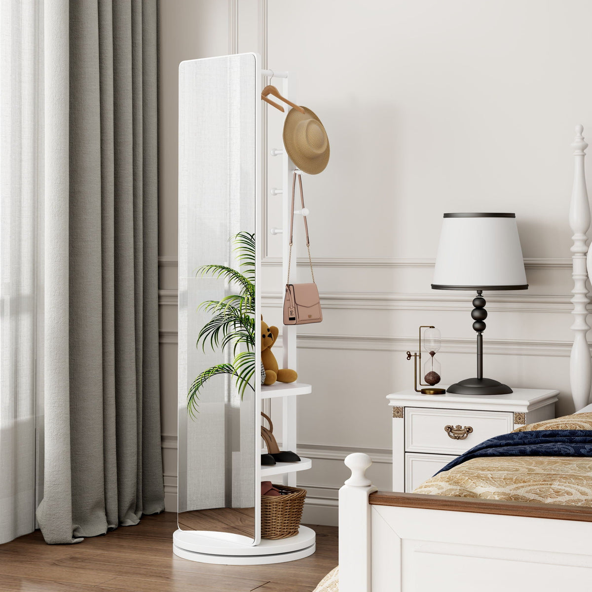 Full-length clothing mirror with rotating design on white stand, storage hooks HouseOfZazla on Tampa Home & Garden Store