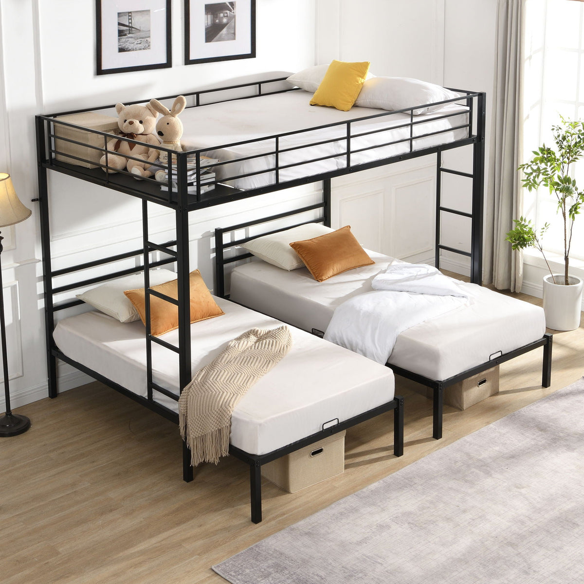 Modern Metal Triple Bunk Bed by HouseOfZazla in black metal with ladder and safety rails on Tampa Home & Garden Store